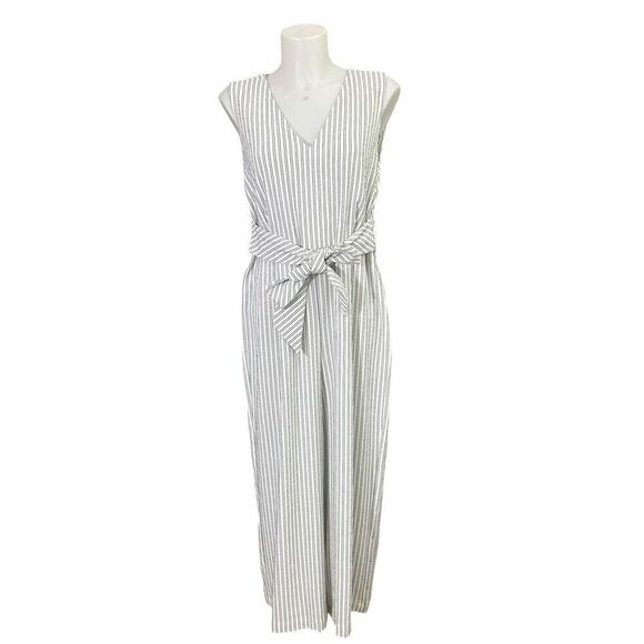 Calvin Klein‎ White Black vertical Stripes V Neck Tie Front Jumpsuit sz 12 - Picture 1 of 9